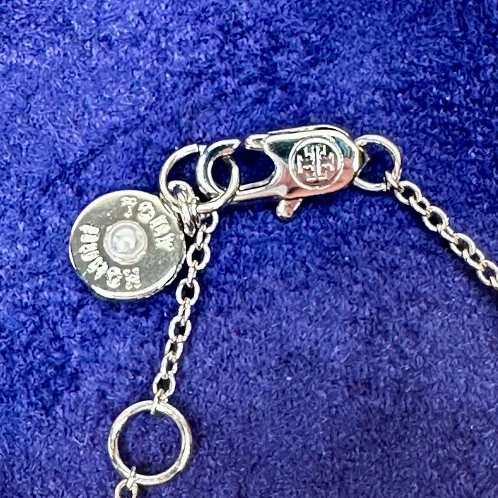 Tory Burch Crystal Logo & Pearl Station Bracelet Silver-Tone 7” Jewelry - Picture 5 of 9